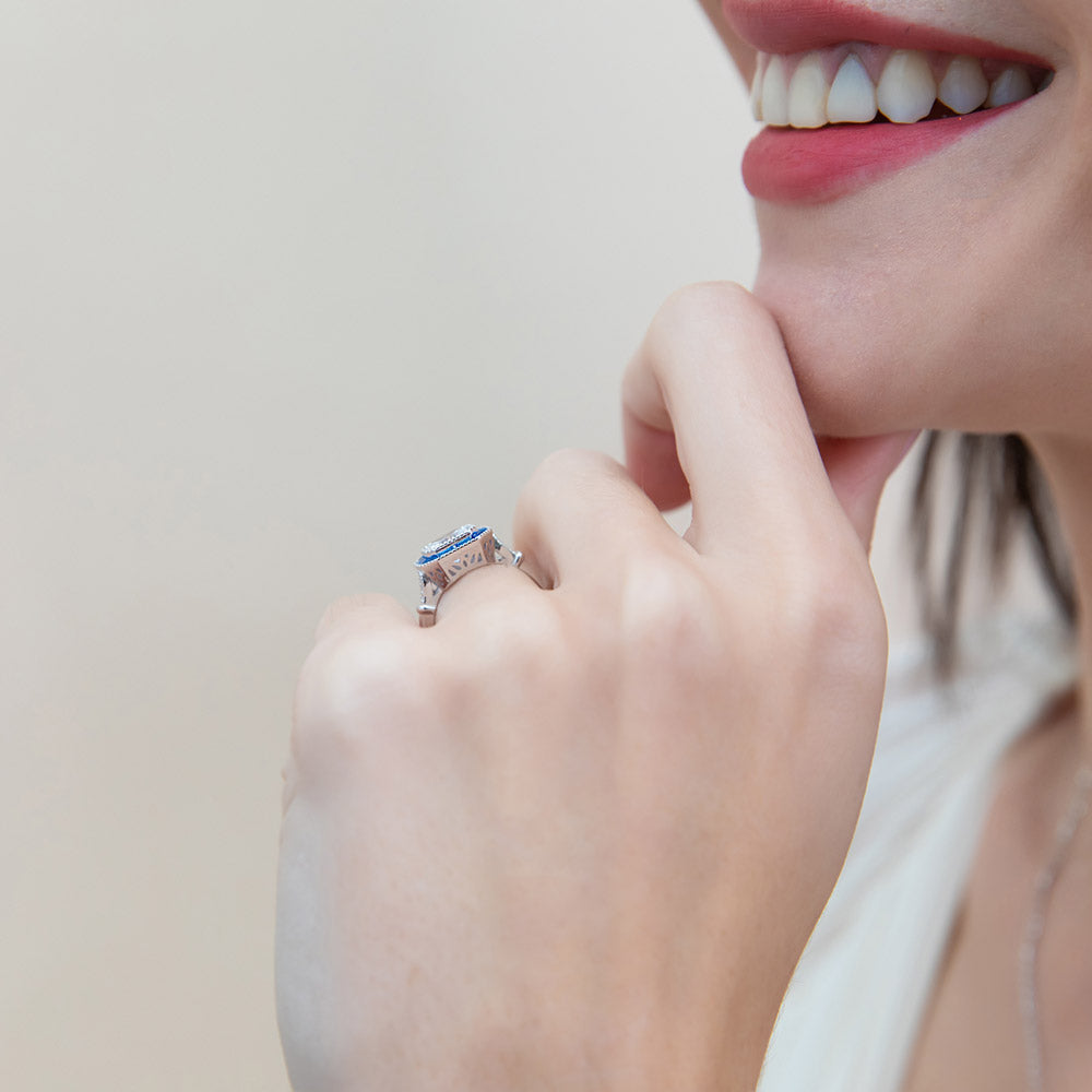 Model wearing Halo Art Deco Milgrain Princess CZ Ring in Sterling Silver, 2 of 10