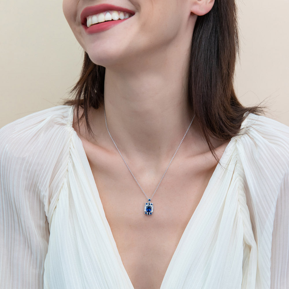 Model wearing Art Deco Sapphire-Blue CZ Necklace in Sterling Silver, 2 of 8