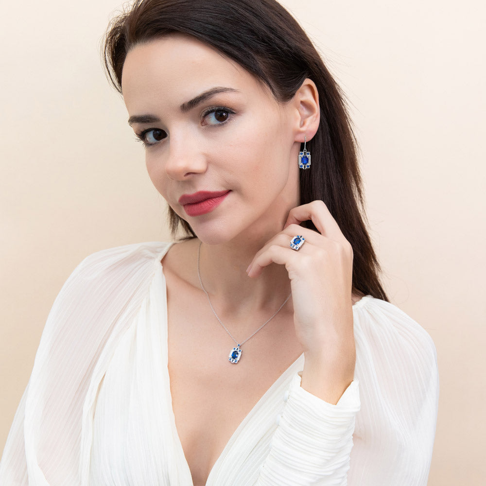Art Deco Sapphire-Blue CZ Necklace in Sterling Silver