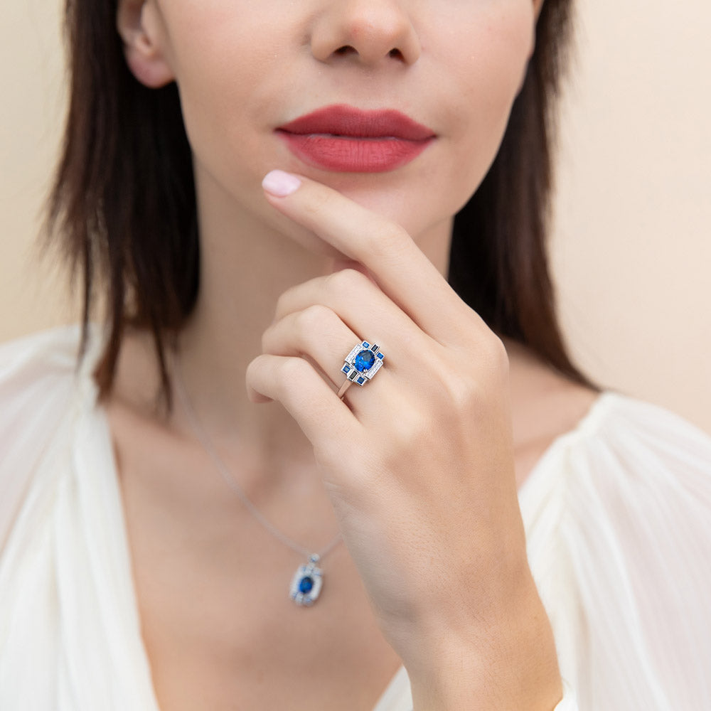 Model wearing Art Deco Sapphire-Blue CZ Ring in Sterling Silver, 6 of 12