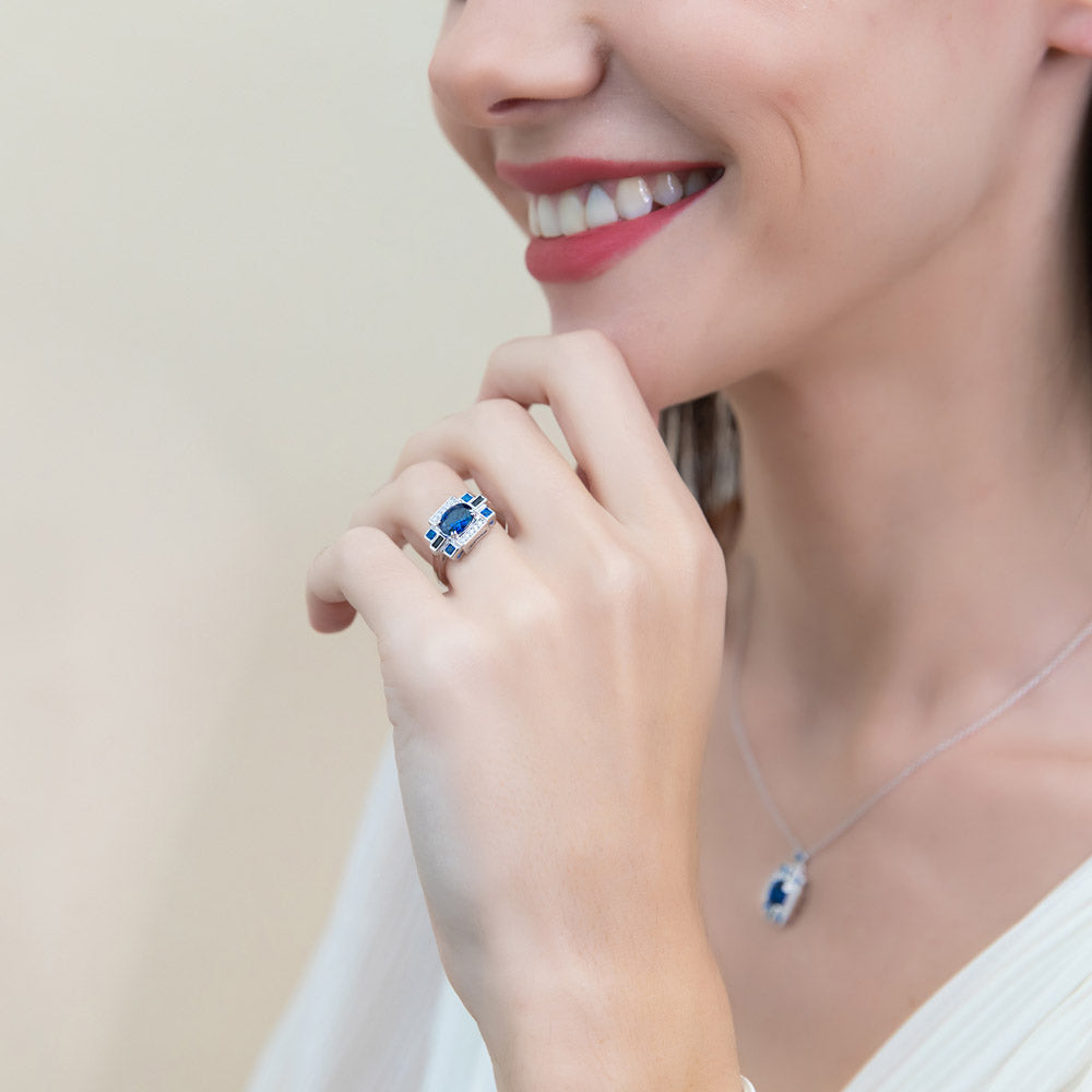Model wearing Art Deco Sapphire-Blue CZ Ring in Sterling Silver, 3 of 12