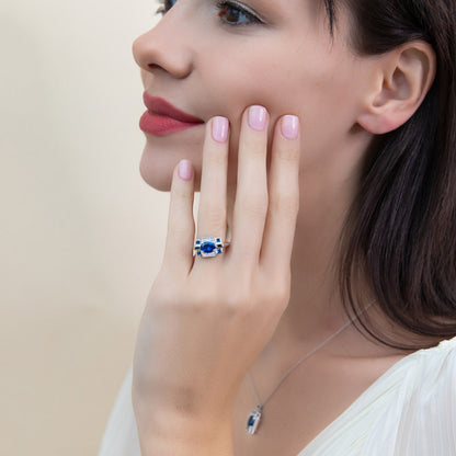 Art Deco Sapphire-Blue CZ Ring in Sterling Silver