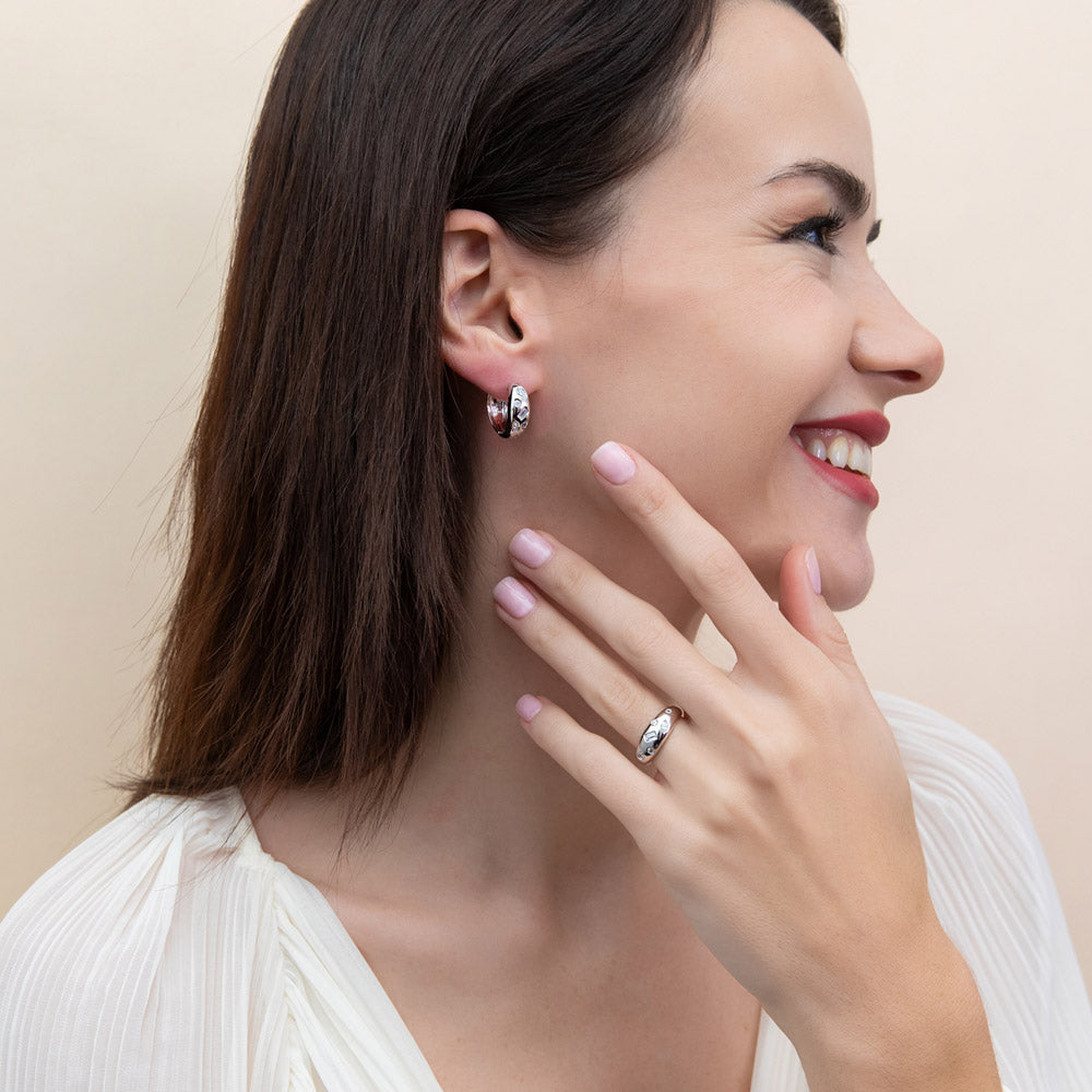 Model wearing Dome CZ Small Hoop Earrings in Sterling Silver 0.8 inch, 7 of 8