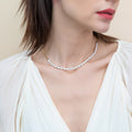 Model wearing Paperclip Cultured Pearl Link Chain Necklace in Sterling Silver, Yellow Gold Flashed