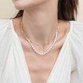 Model wearing Paperclip Cultured Pearl Link Chain Necklace in Sterling Silver, Yellow Gold Flashed