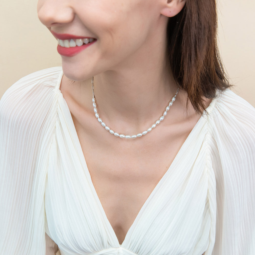 Model wearing Paperclip Cultured Pearl Link Chain Necklace in Sterling Silver, Rhodium Plated