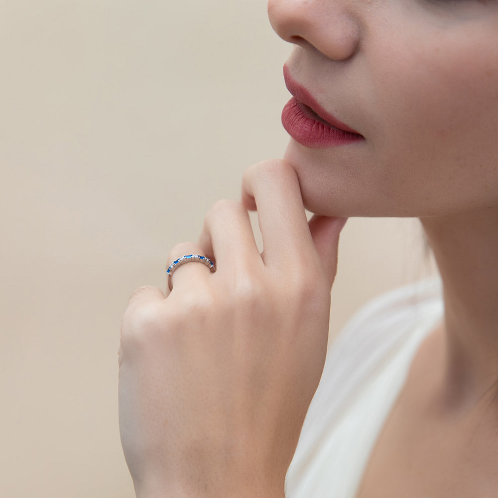 Model wearing Art Deco CZ Half Eternity Ring in Sterling Silver, 6 of 8