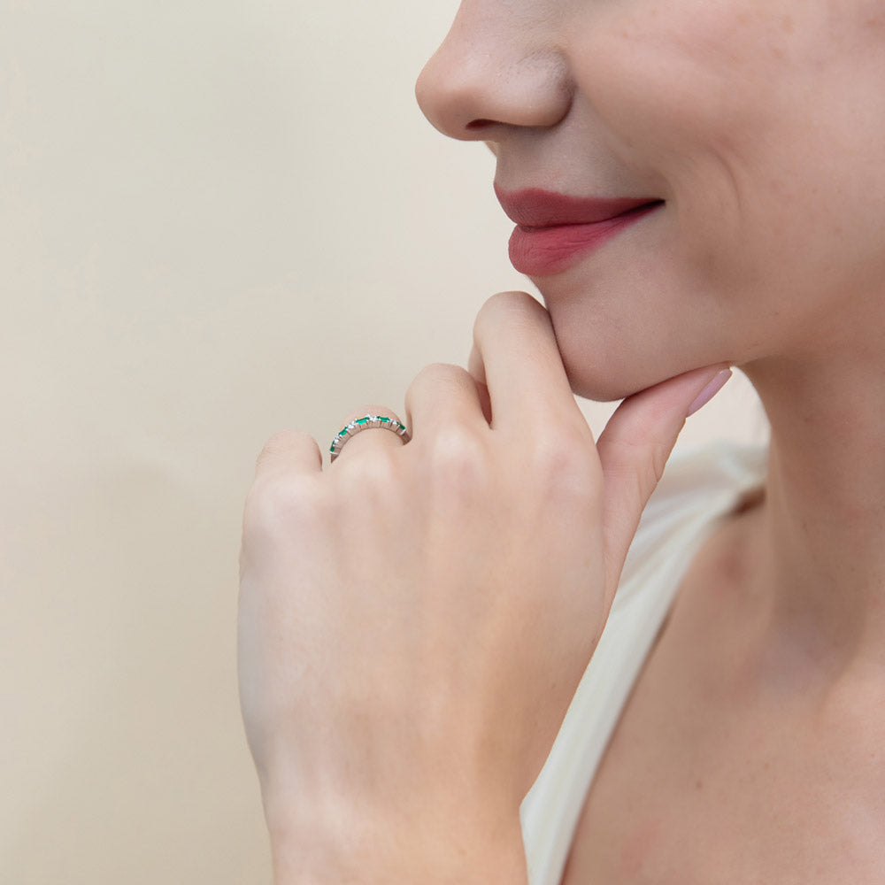 Model wearing Art Deco CZ Half Eternity Ring in Sterling Silver, 7 of 9