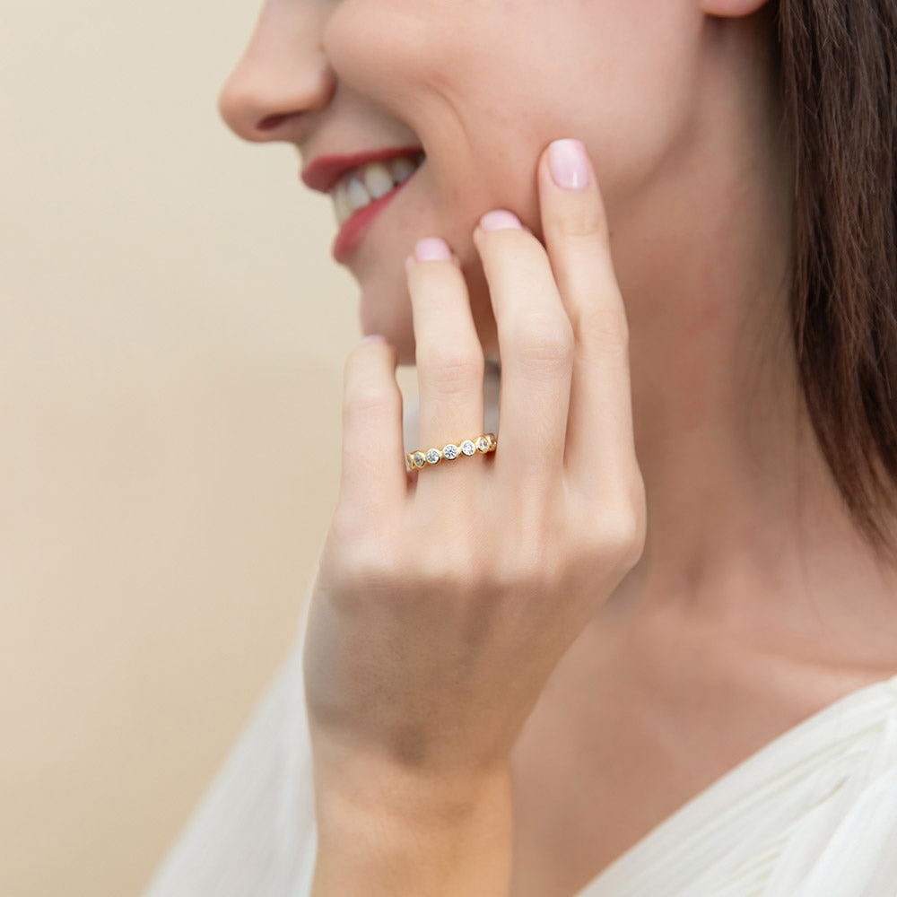 Model wearing Bubble Bezel CZ Eternity Ring Set in Sterling Silver, 2 of 11