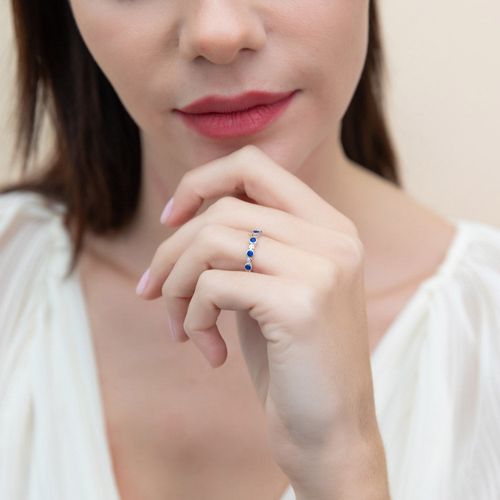 Model wearing Bubble Bezel CZ Eternity Ring Set in Sterling Silver, 9 of 13