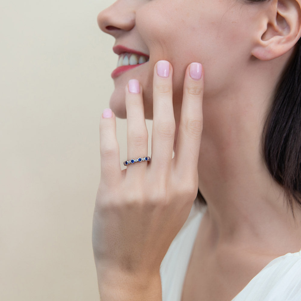 Model wearing Bubble Bezel CZ Eternity Ring Set in Sterling Silver, 6 of 15