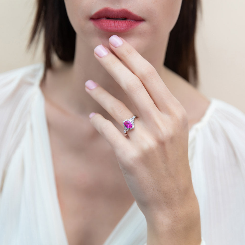 Model wearing Halo Art Deco Pink Oval CZ Ring in Sterling Silver, 3 of 10
