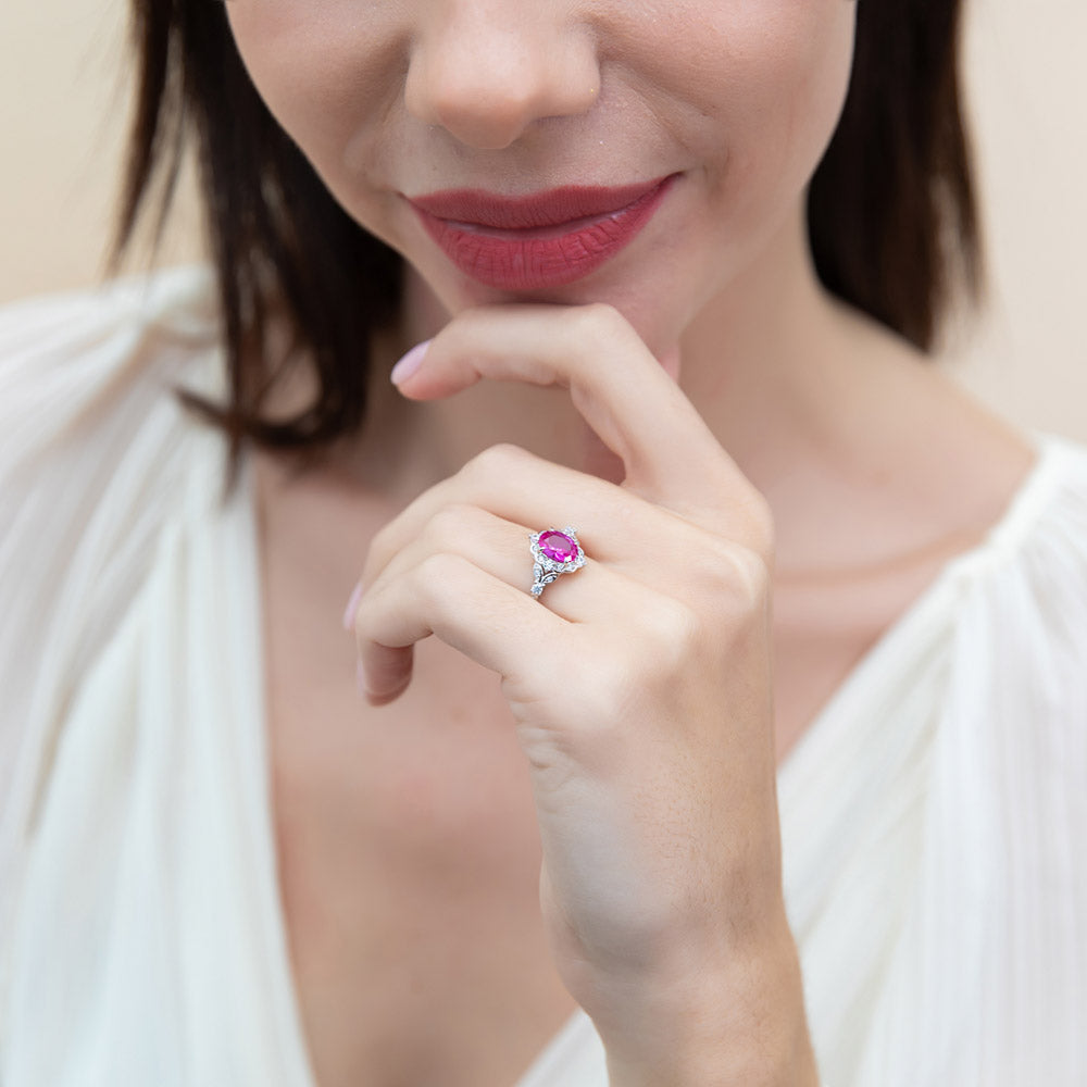 Model wearing Halo Art Deco Pink Oval CZ Ring in Sterling Silver, 10 of 10