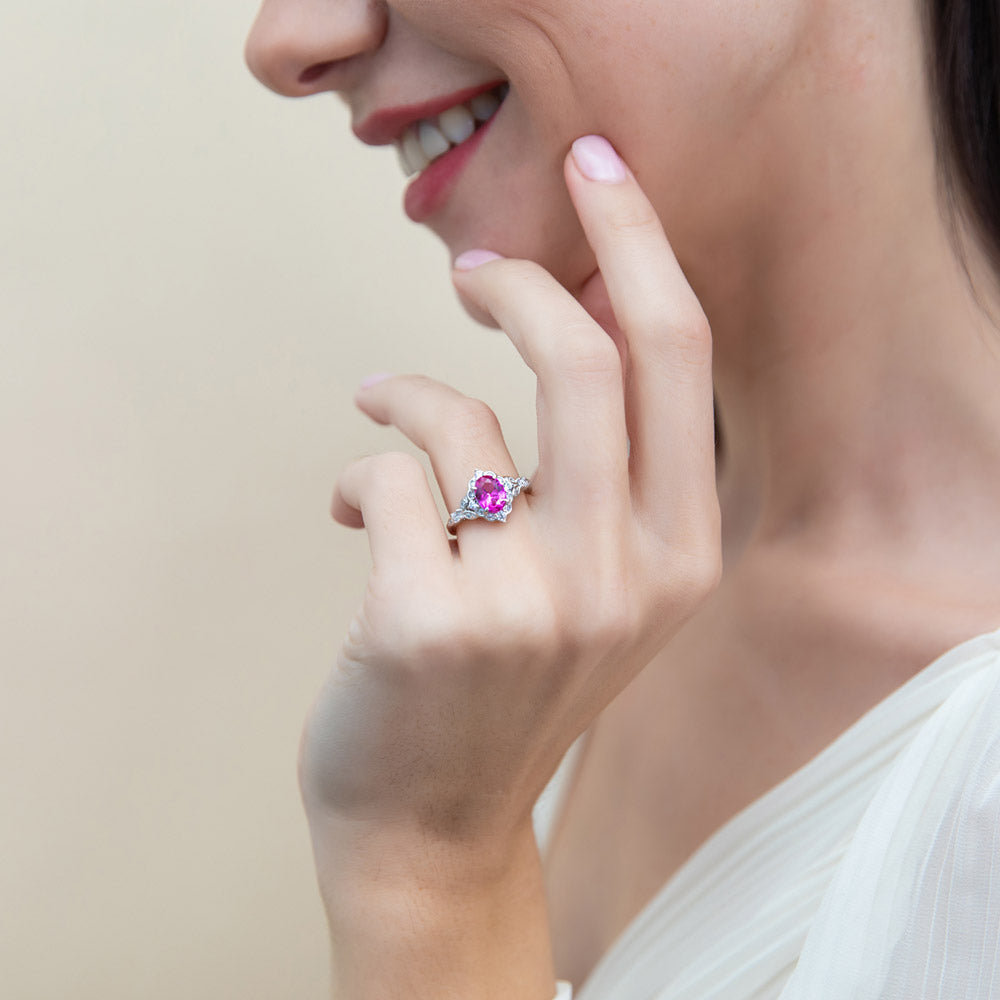 Halo Art Deco Pink Oval CZ Ring in Sterling Silver