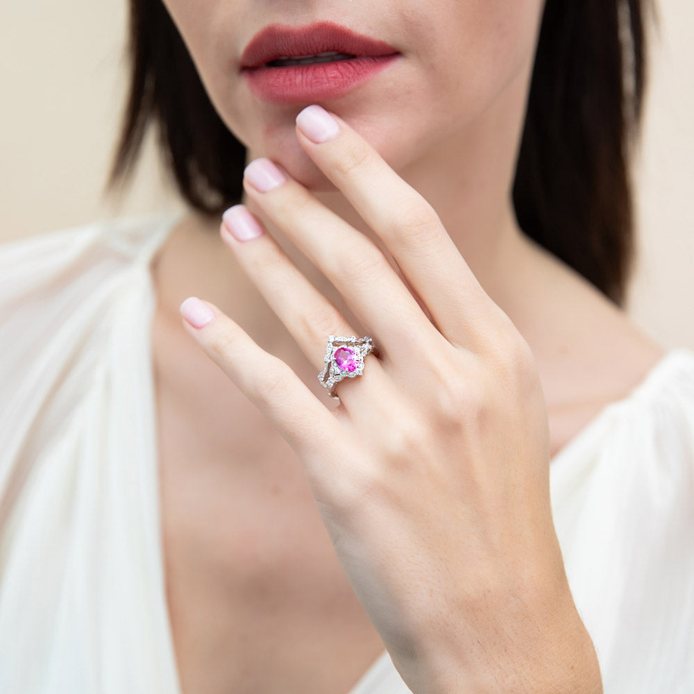 Halo Art Deco Chevron V Shaped CZ Ring Set in Sterling Silver