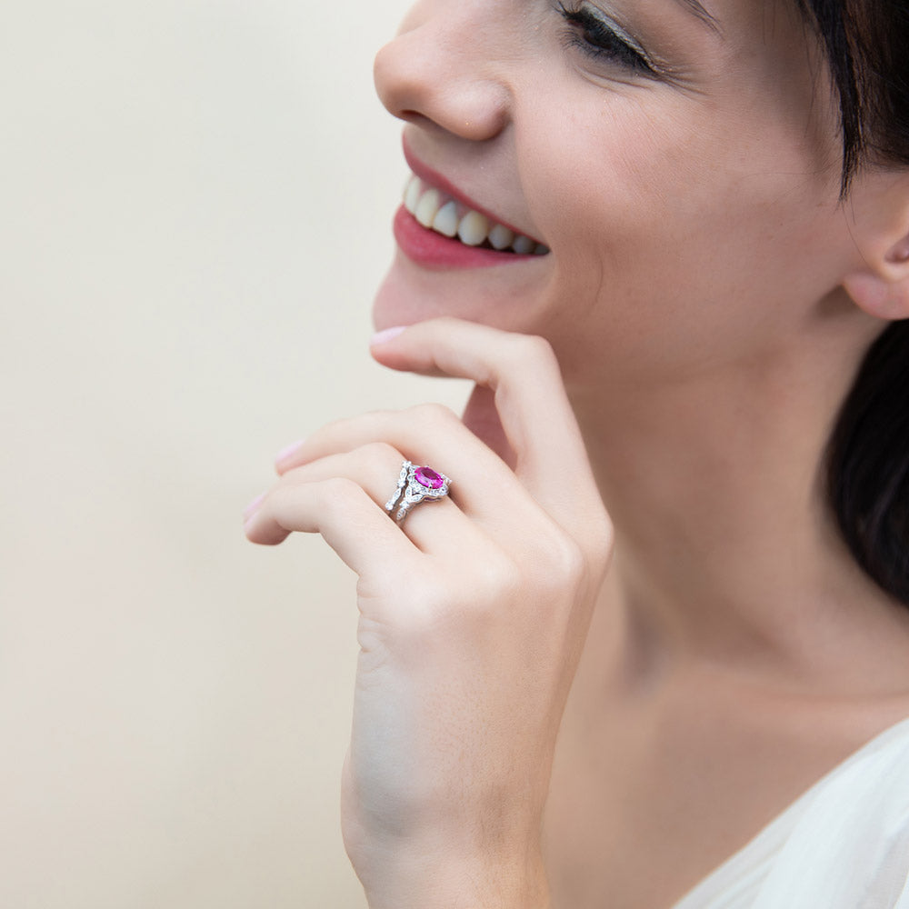 Model wearing Halo Art Deco Chevron V Shaped CZ Ring Set in Sterling Silver, 6 of 17