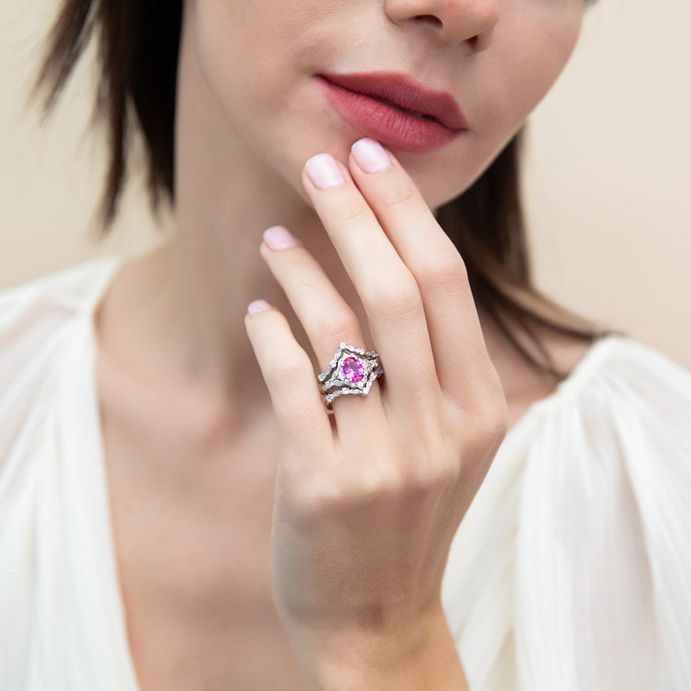 Model wearing Halo Art Deco Chevron V Shaped CZ Ring Set in Sterling Silver, 2 of 16