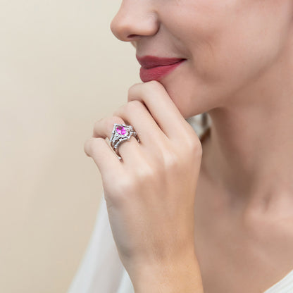 Halo Art Deco Chevron V Shaped CZ Ring Set in Sterling Silver