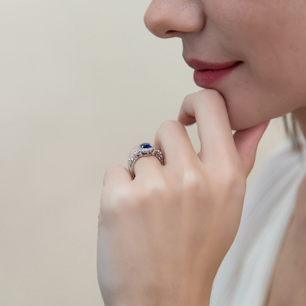 Model wearing Halo Art Deco Chevron V Shaped CZ Ring Set in Sterling Silver, 7 of 17