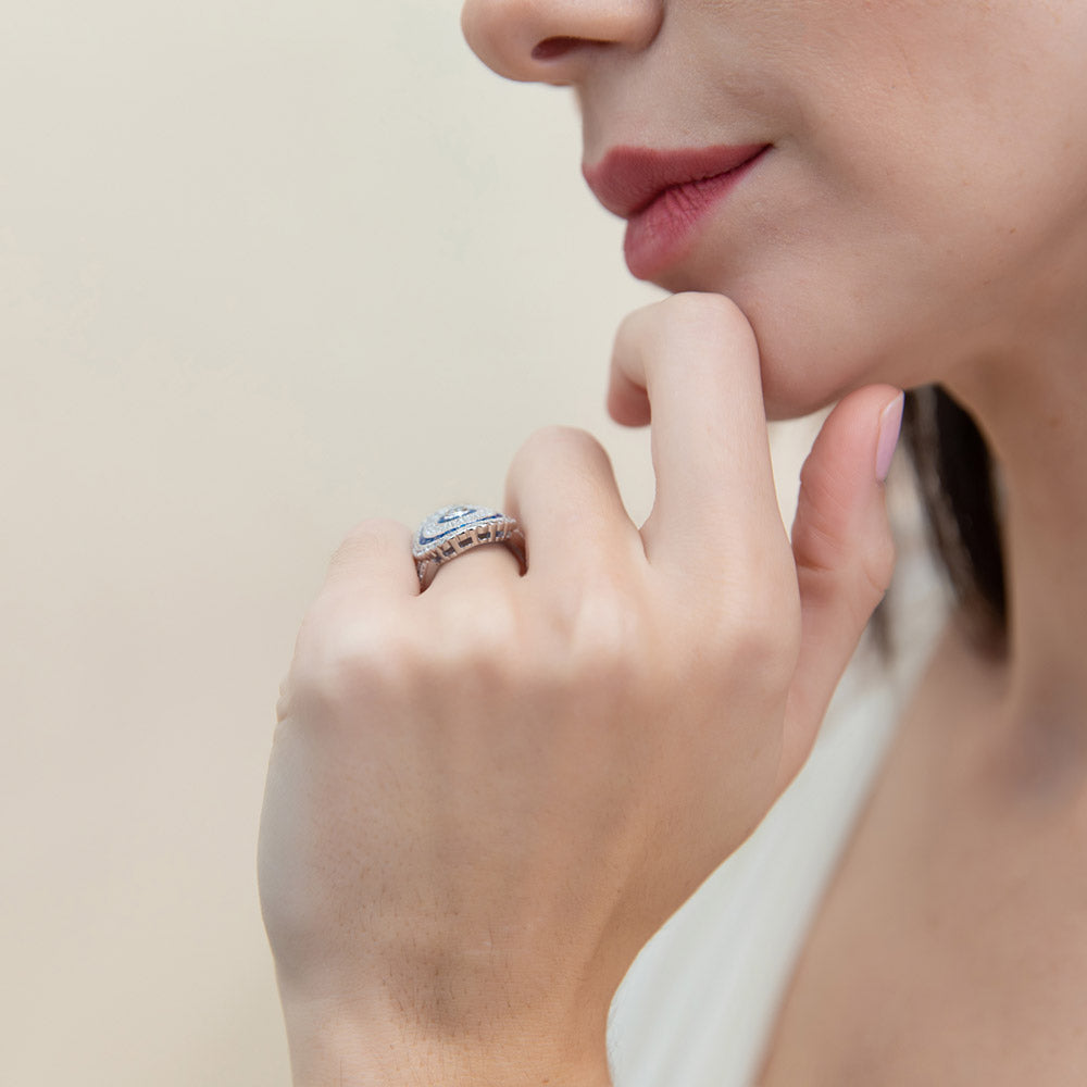 Model wearing Art Deco Milgrain CZ Ring in Sterling Silver, 6 of 9
