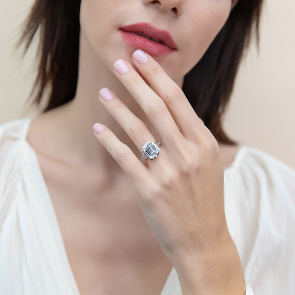 Model wearing Halo Art Deco Emerald Cut CZ Ring in Sterling Silver, 6 of 9
