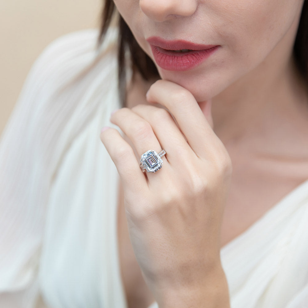 Model wearing Halo Art Deco Emerald Cut CZ Ring in Sterling Silver, 3 of 9