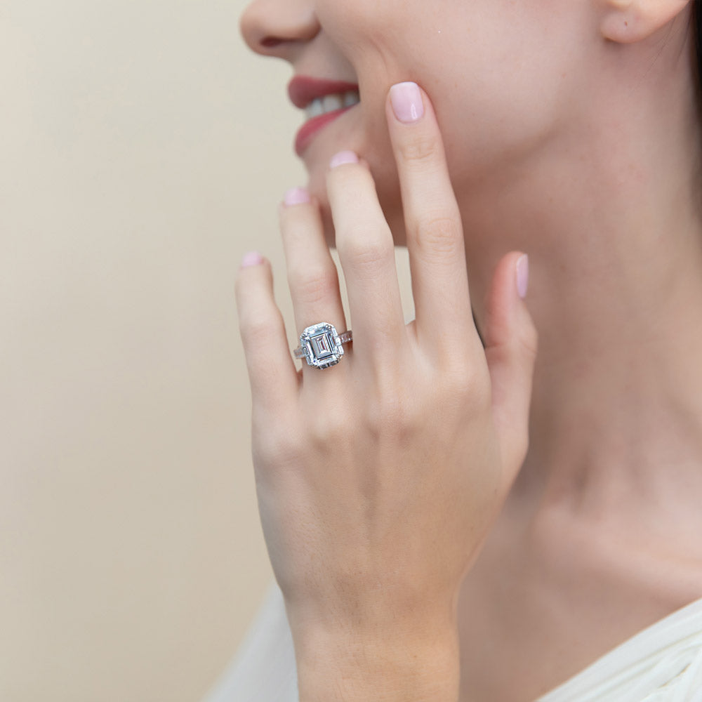 Halo Art Deco Emerald Cut CZ Ring in Sterling Silver