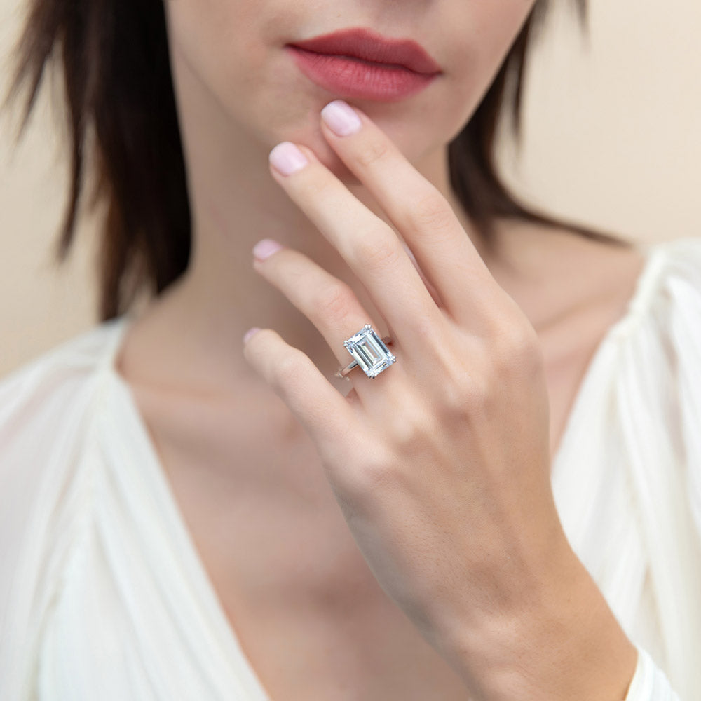 Model wearing Solitaire 8.5ct Emerald Cut CZ Ring in Sterling Silver, 6 of 10