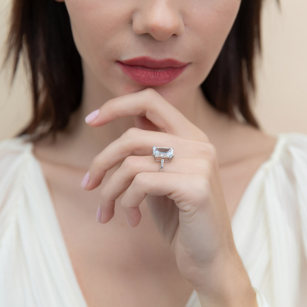 Model wearing Solitaire 8.5ct Emerald Cut CZ Ring in Sterling Silver, 9 of 10