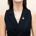 Model wearing Dancing Ballerina Button Cultured Pearl Pin in Sterling Silver, Yellow Gold Flashed