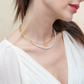 Model wearing Paperclip Cultured Pearl Link Chain Necklace in Sterling Silver, Yellow Gold Flashed