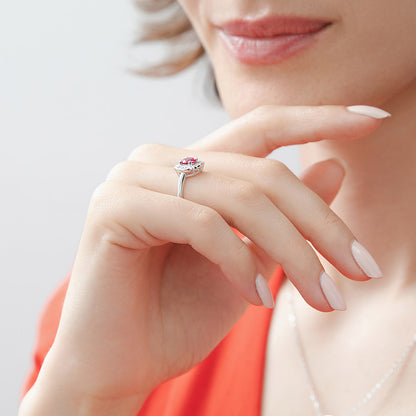 Halo Flower Ruby-Red CZ Ring in Sterling Silver