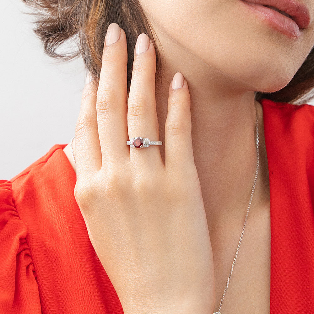 Model wearing Vintage Inspired Art Deco Red CZ Ring in Sterling Silver, 3 of 9