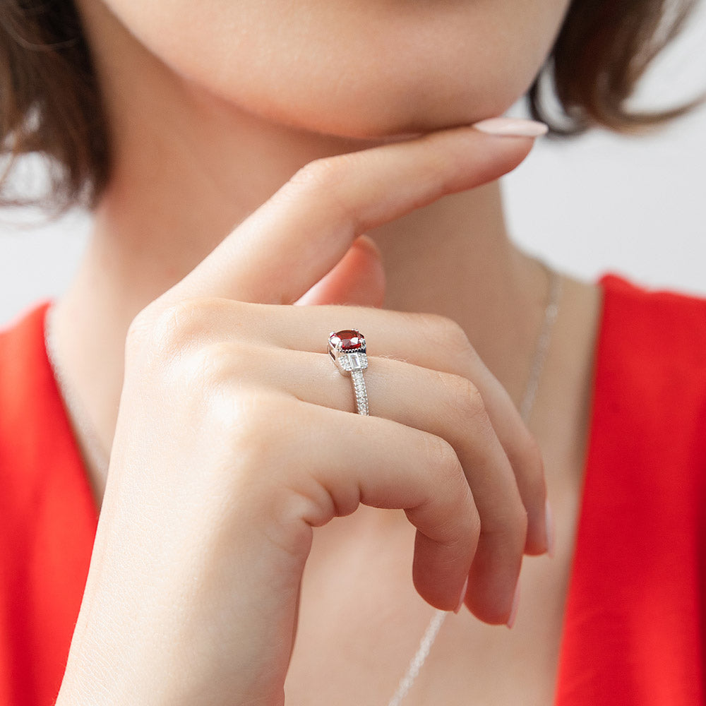 Model wearing Vintage Inspired Art Deco Red CZ Ring in Sterling Silver, 7 of 9