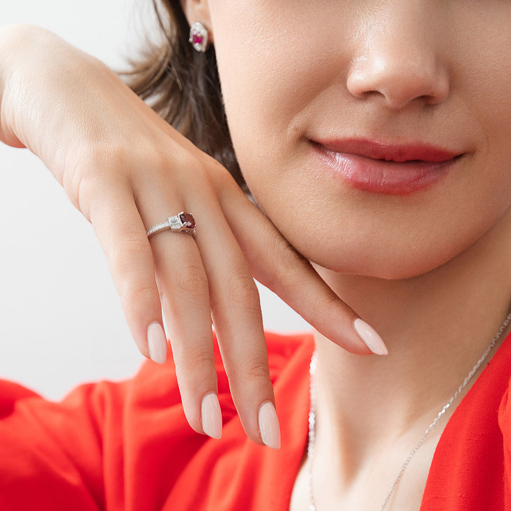 Model wearing Vintage Inspired Art Deco Red CZ Ring in Sterling Silver, 2 of 9