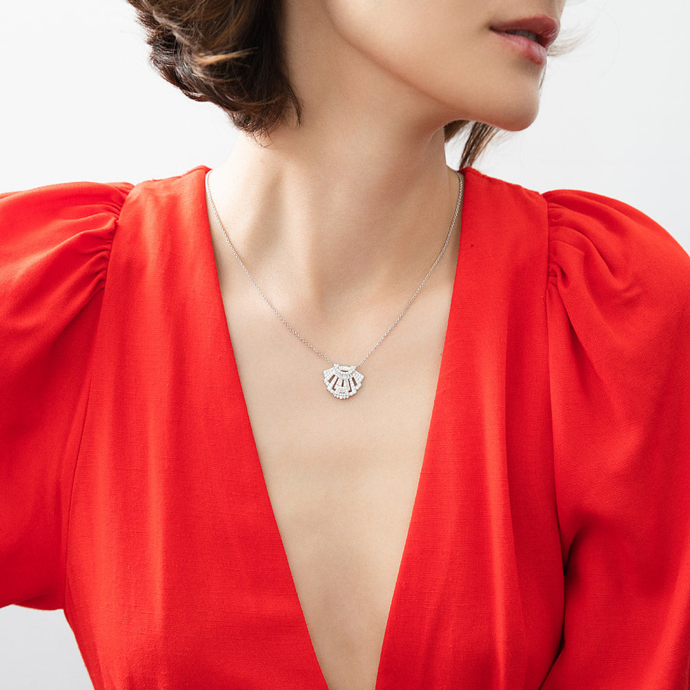 Model wearing Art Deco CZ Necklace and Earrings Set in Sterling Silver, 6 of 10