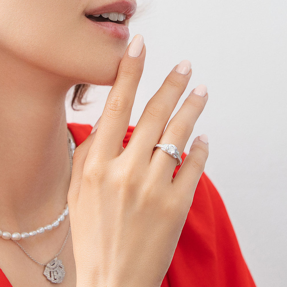 Model wearing Art Deco CZ Ring in Sterling Silver, 2 of 8