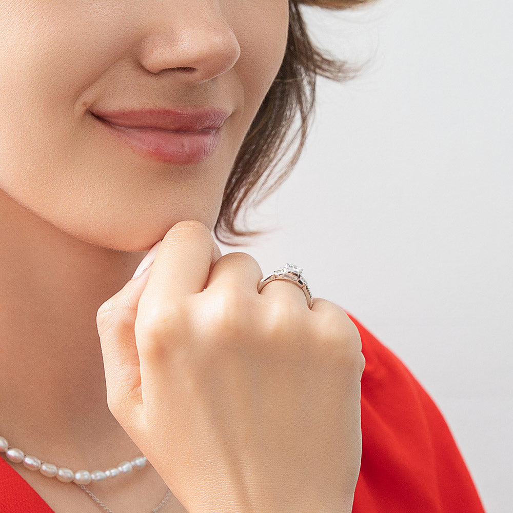 Model wearing Vintage Inspired Art Deco CZ Ring in Sterling Silver, 7 of 8