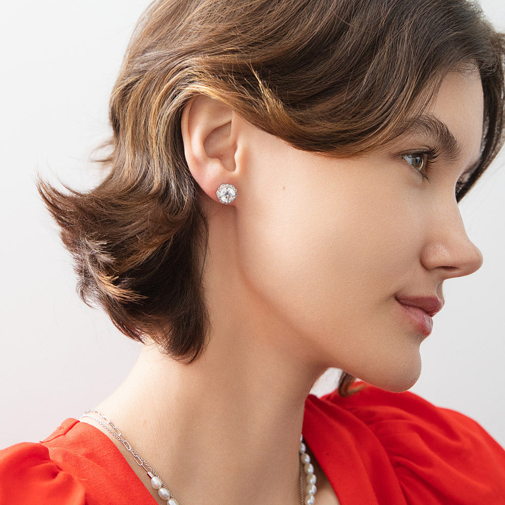 Model wearing Flower Halo CZ Necklace and Earrings in Sterling Silver, 7 of 14