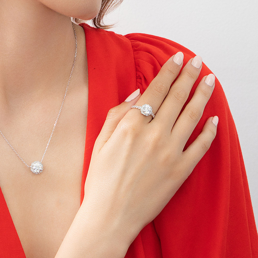 Model wearing Halo Flower CZ Ring in Sterling Silver, 2 of 13