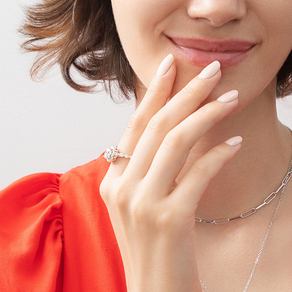 Model wearing Halo Flower CZ Ring in Sterling Silver, 6 of 13