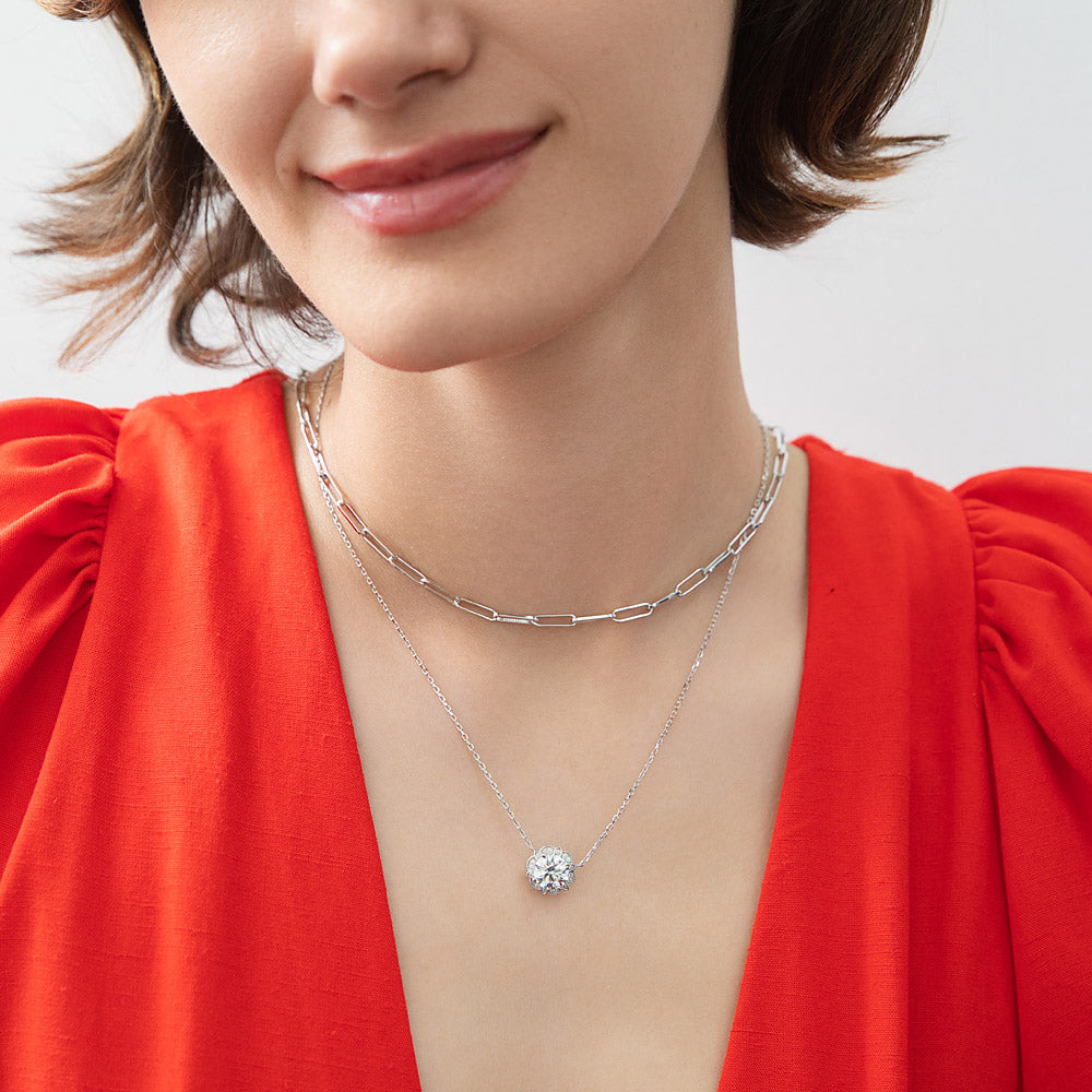 Model wearing Flower Halo CZ Necklace and Earrings Set in Sterling Silver, 13 of 14