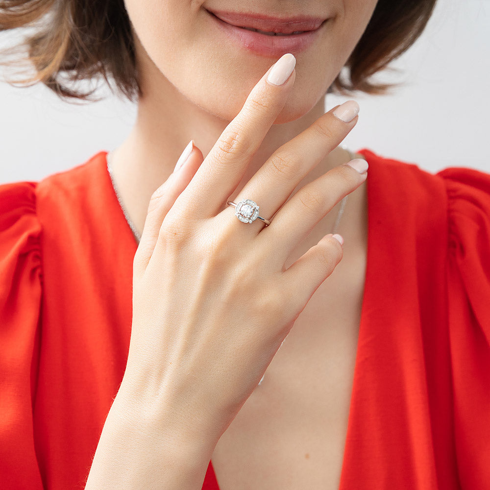 Model wearing Halo Flower CZ Ring in Sterling Silver, 2 of 11