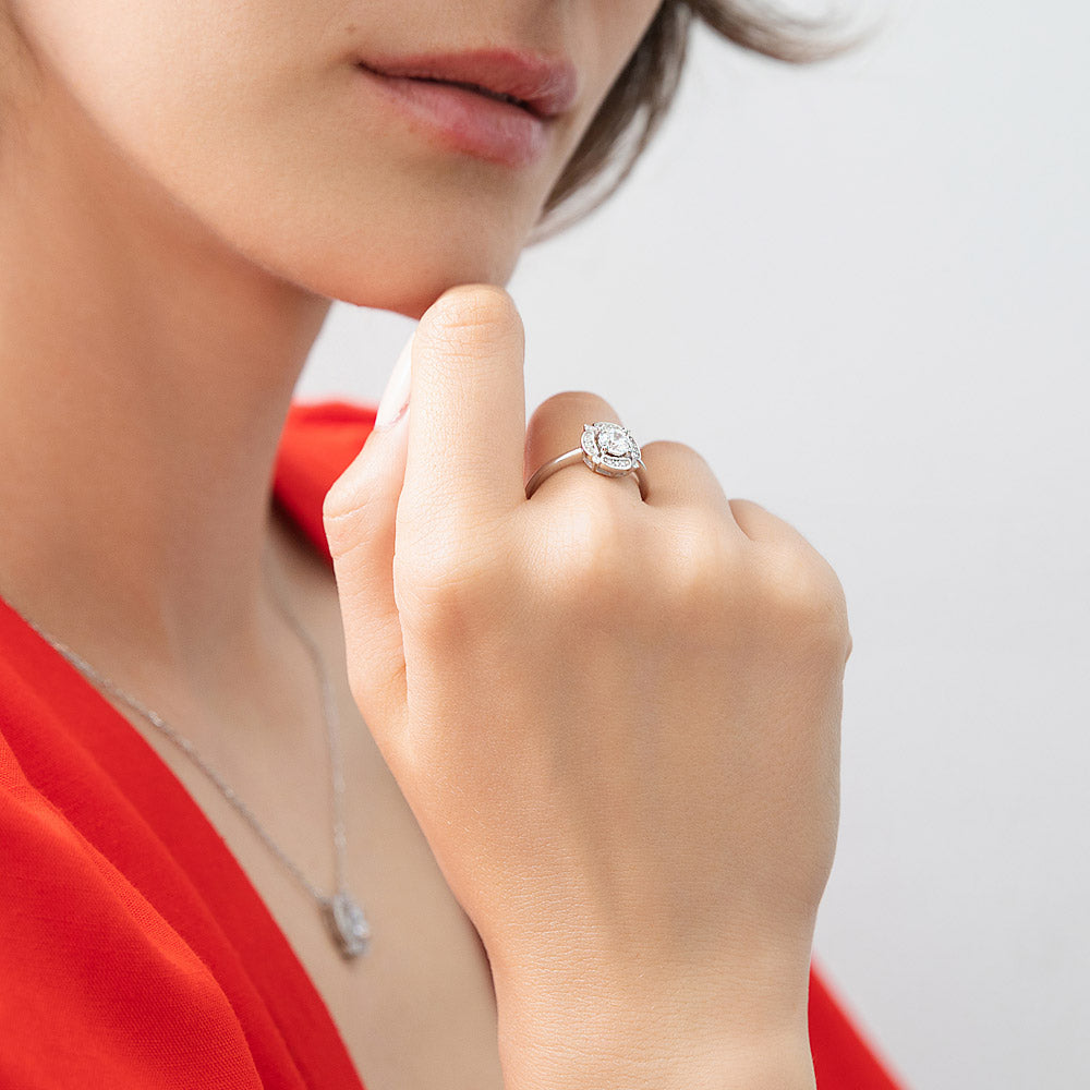 Model wearing Halo Flower CZ Ring in Sterling Silver, 3 of 11