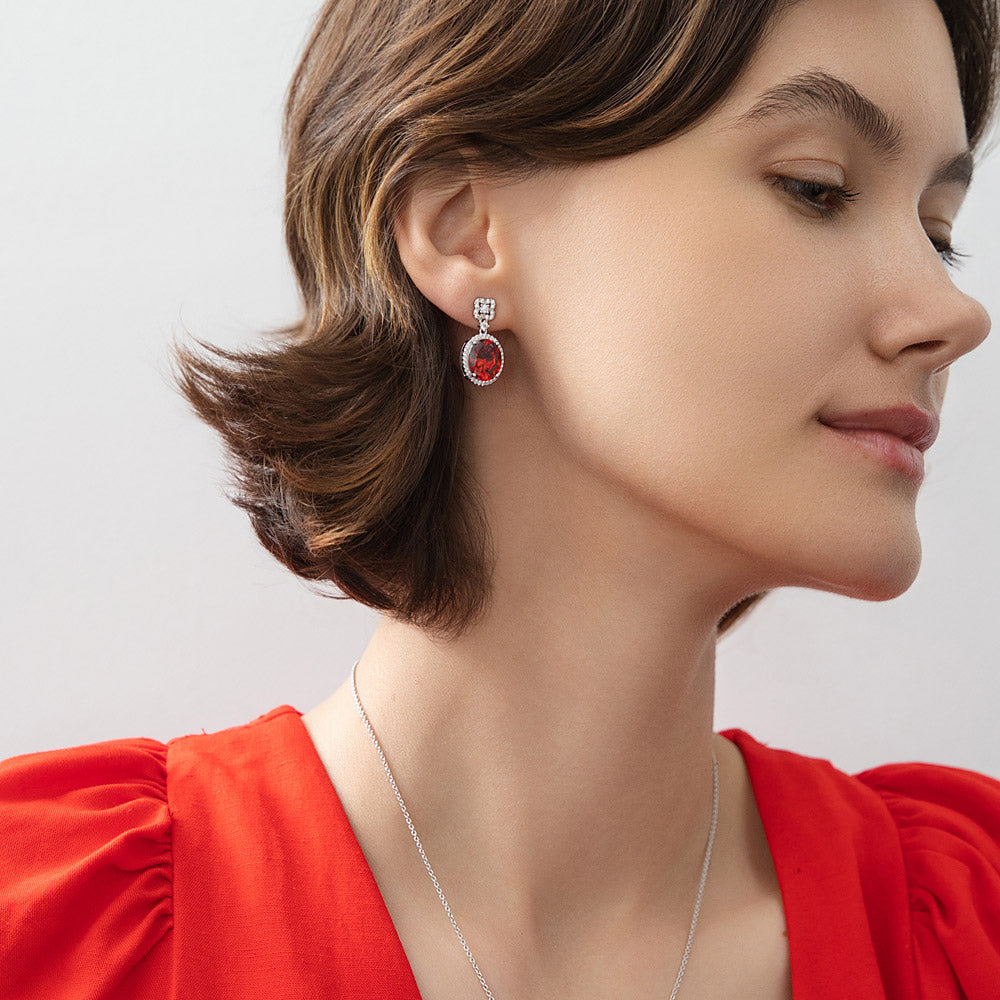 Model wearing Halo Clover Oval CZ Set in Sterling Silver, Red Color