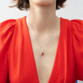 Model wearing Halo Clover Oval CZ Necklace in Sterling Silver, Red Color