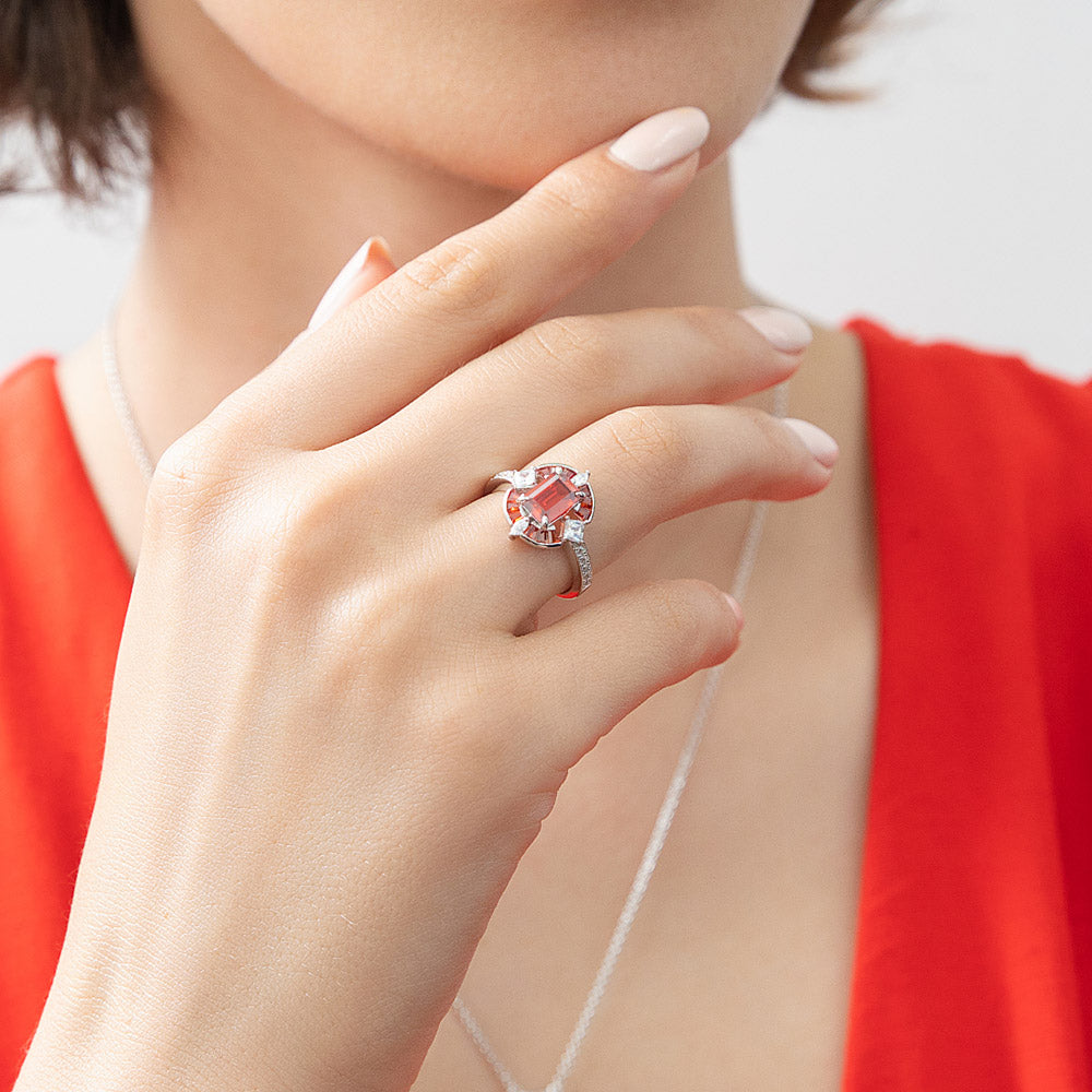 Model wearing Halo Art Deco Simulated Garnet CZ Ring in Sterling Silver, 2 of 7