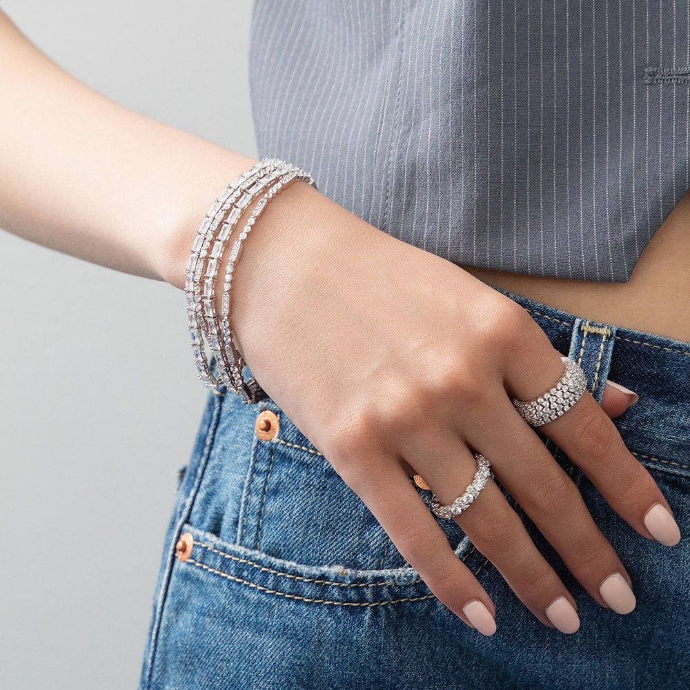 Model wearing Art Deco Milgrain CZ Chain Bracelet in Sterling Silver, 8 of 9