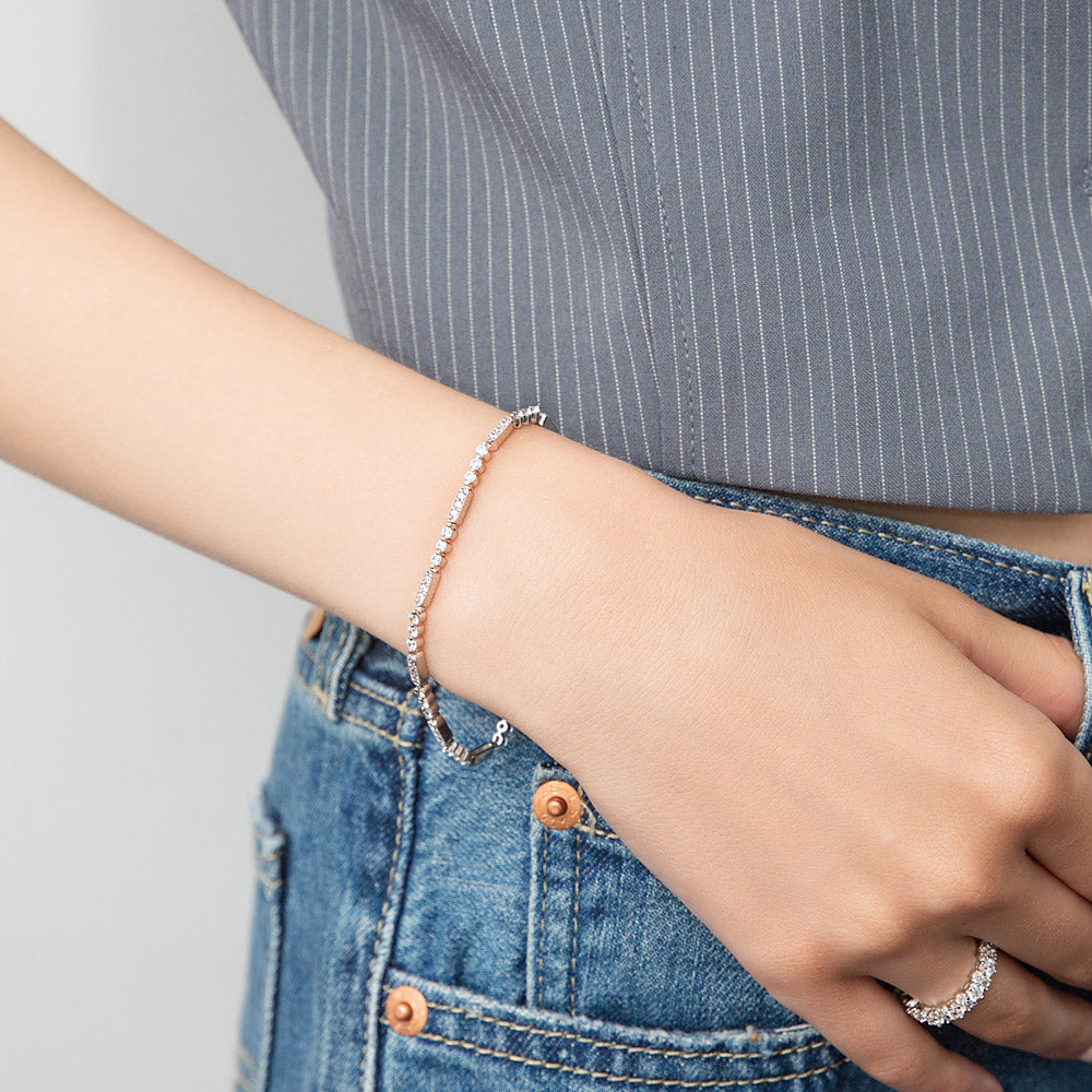 Model wearing Art Deco Milgrain CZ Chain Bracelet in Sterling Silver, 2 of 9