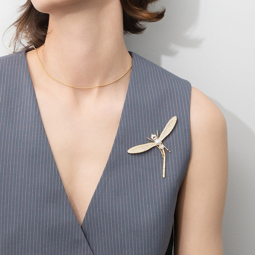 Model wearing Dragonfly White Button Freshwater Cultured Pearl Pin in Sterling Silver, 2 of 11